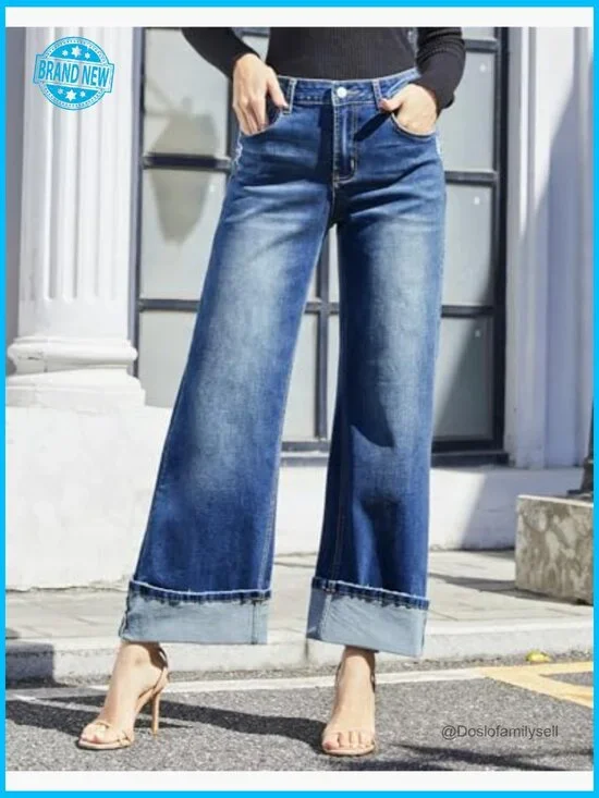 Wide Leg Jeans High Waisted Stretchy Cuffed Baggy Denim Pants Y2K - Picture 4 of 6